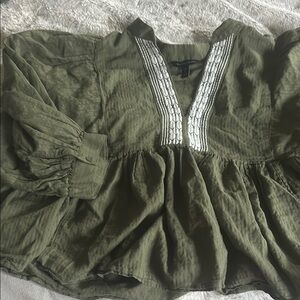 Green 3/4 Sleeve Embellished Blouse with Bib Collar